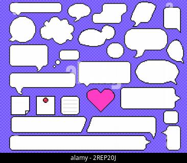 Finestra di dialogo pixel impostata. Fumetti, dialogo, nota, pensiero. Tutti gli elementi sono raggruppati separatamente. Illustrazione Vettoriale