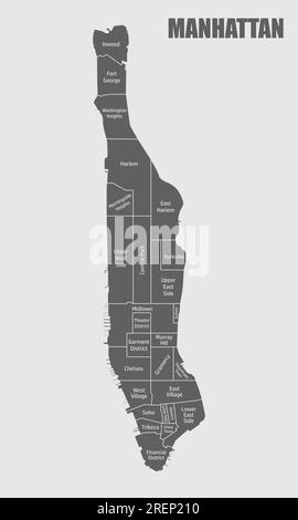 Mappa amministrativa di Manhattan isolata su sfondo grigio Illustrazione Vettoriale