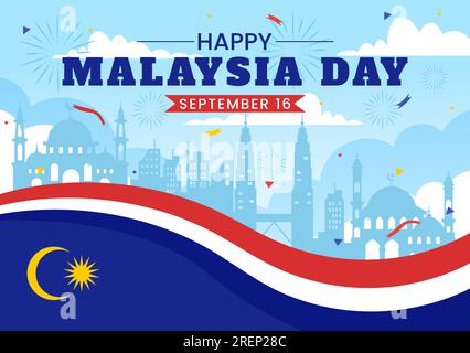 Illustrazione vettoriale della celebrazione della giornata della Malesia il 16 settembre con la bandiera sventolante e le torri gemelle in modelli disegnati a mano di un cartone animato piatto Illustrazione Vettoriale