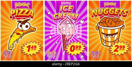 Una serie di menu comici con pepite, gelato, pizza per un fast food per Halloween. Illustrazione vettoriale. Illustrazione Vettoriale