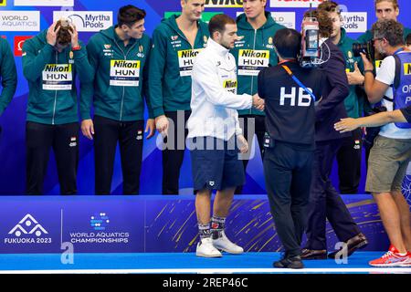 Fukuoka, Giappone. 29 luglio 2023. FUKUOKA, GIAPPONE - LUGLIO 29: Emmanouil Zerdevas di Grecia Goulkeeper del torneo durante la cerimonia della medaglia di pallanuoto maschile 2023 Marine Messe Fukuoka Hall B il 29 luglio 2023 a Fukuoka, Giappone (foto di Albert Ten Hove/Orange Pictures) credito: Orange Pics BV/Alamy Live News Foto Stock
