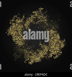 L'oro risplende su uno sfondo nero.sfondo astratto di particelle d'oro in cerchio, cornice vettoriale, elemento di design per le vacanze. Illustrazione Vettoriale