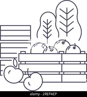 Raccolte mele in cesto, vendemmia stagione fattoria Illustrazione Vettoriale