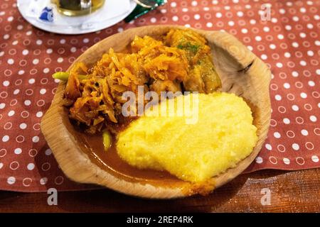 Carne macinata in panini di cavolo (sarmale) con polenta, cibo tradizionale rumeno, a Casa Magica, Busteni, Romania Foto Stock