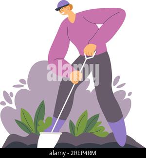Uomo di giardinaggio scavando suolo per piantare saplings Illustrazione Vettoriale