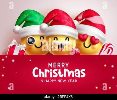 Buon natale e nuovo anno modello vettoriale di testo. Emoji natalizie ed emoticon personaggi in un'espressione facciale sorridente e felice per le festività natalizie Illustrazione Vettoriale