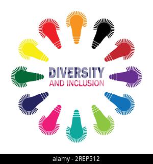 Concetto di diversità e inclusione. Illustrazione vettoriale di una serie di lampadine colorate. Adatto per logo, sito Web, biglietti d'auguri, poster e banner Illustrazione Vettoriale