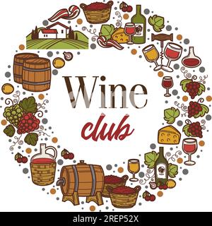 Banner wine club con barili e uva alcol Illustrazione Vettoriale