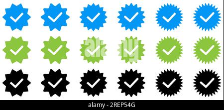 Set di icone di verifica. Simboli di verifica dell'account dei social media. Illustrazione vettoriale isolata su sfondo bianco Illustrazione Vettoriale