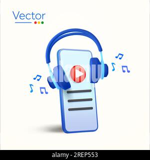 smartphone 3d con icona di riproduzione multimediale, cuffie, note musicali volanti, isolato su sfondo bianco. Concetto per servizi di musica, audio e video streaming e intrattenimento. illustrazione vettoriale 3d. Illustrazione vettoriale Illustrazione Vettoriale