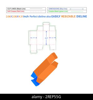 Scatola pieghevole RTE con estremità ribaltabile in senso inverso scatola di cartone alimentare (2,06x2,06x4,31) modello di linea della matrice e file vettoriale 3D. Illustrazione Vettoriale