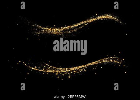 Onde astratte glitter dorate su sfondo nero, le onde del set brillano d'oro. Illustrazione Vettoriale