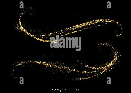 Onde astratte glitter dorate su sfondo nero, le onde del set brillano d'oro. Illustrazione Vettoriale
