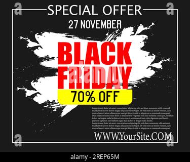 Banner di vendita del Black Friday. Design moderno e minimalista con tipografia in bianco e nero. Modello per annunci promozionali, pubblicitari, web, social e moda. VEC Illustrazione Vettoriale