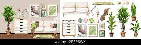 Design interno del soggiorno con un divano bianco, un grande albero ficus e dipinti murali. Interni moderni. Set di mobili. Costruttore di interni. Cartone animato Illustrazione Vettoriale