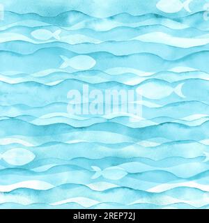 Acquerello astratto, acqua marina, ottanio turchese, onde di colore turchese, sfondo senza cuciture. Acquerello dipinto a mano onde e pesci. Stampa f Foto Stock