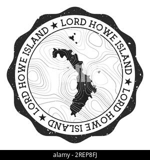 Francobollo all'aperto di Lord Howe Island. Adesivo rotondo con mappa con isolinee topografiche. Illustrazione vettoriale. Può essere utilizzato come insegna, logotipo, etichetta, stick Illustrazione Vettoriale