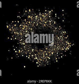 L'oro risplende su uno sfondo nero.sfondo astratto di particelle d'oro in cerchio, cornice vettoriale, elemento di design per le vacanze. Illustrazione Vettoriale