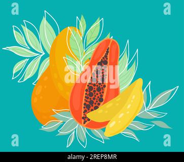 Illustrazione vettoriale tropicale di papaia, mango e banana con fogliame su sfondo turchese. Immagine piatta disegnata a mano con frutta e foglie. Succosa Illustrazione Vettoriale