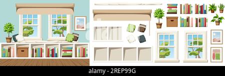 Design interno della camera con posto a sedere vicino alla finestra e scaffale sotto le finestre. Arredamento accogliente. Set di mobili. Costruttore di interni. Cartone animato Illustrazione Vettoriale