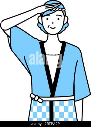 Donna anziana che indossa il cappotto Happi per i festival estivi che fa un saluto, Vector Illustration Illustrazione Vettoriale