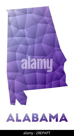 Mappa dell'Alabama. Illustrazione a basso contenuto di poli dello stato degli Stati Uniti. Design geometrico viola. Illustrazione del vettore poligonale. Illustrazione Vettoriale