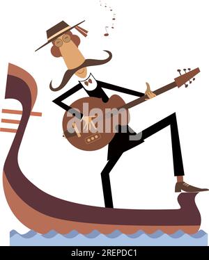 Uomo con illustrazione di chitarra e gondola. Divertente gondoliere con lunghi baffi cavalca sulla gondola che suona la chitarra e canta. Isolato su bianco Illustrazione Vettoriale