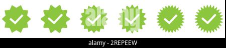 Icone dei badge verdi verificate. Icone di verifica dell'account dei social media. Illustrazione vettoriale isolata su sfondo bianco Illustrazione Vettoriale