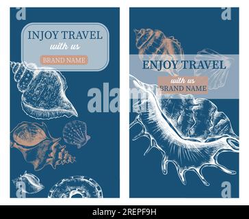 Conchiglie di mare. Poster verticali marini disegnati a mano con elementi in stile schizzo disegnati a mano. Modello di opuscolo o brochure. Copertina dello striscione o del menu. Esotico nautilus, vongole tropicali. Set di illustrazioni oceaniche vettoriali Illustrazione Vettoriale