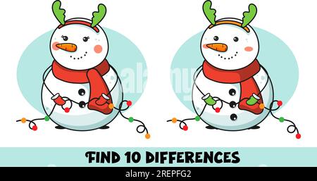 Trova 10 differenze. Illustrazione pupazzo di neve per bambini. Illustrazione Vettoriale