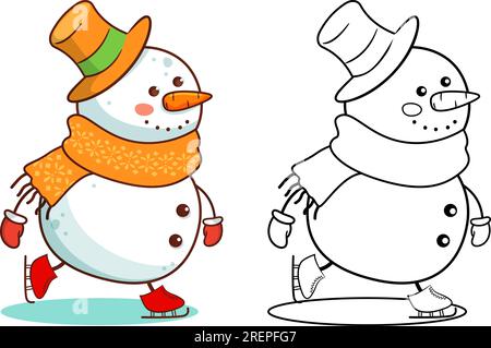 Pagina da colorare pupazzo di neve per bambini. Illustrazione Vettoriale