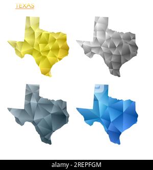 Insieme di mappe poligonali vettoriali del Texas. Mappa a gradiente luminoso dello stato degli Stati Uniti in stile poly basso. Illustrazione Vettoriale