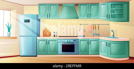 Interno della cucina. All'interno della sala dei cartoni animati. Casa con finestre e tavolo da pranzo. Mobili per cucinare. Frigorifero retrò e piano cottura. Elettrodomestici sul bancone. Appartamento vuoto. Illustrazione Vector Cozy Illustrazione Vettoriale