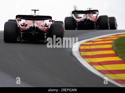 Stavelot, Belgio. 29 luglio 2023. Scuderia Ferrari monegasco Charles Leclerc e Scuderia Ferrari spagnolo Carlos Sainz Jr. Nella foto durante la sparatoria in vista della gara sprint del Gran Premio di Formula 1 del Belgio, a Spa-Francorchamps, sabato 29 luglio 2023. Il Gran Premio di Formula uno di Spa-Francorchamps si svolge questo fine settimana, dal 28 al 30 luglio. BELGA PHOTO BENOIT DOPPAGNE Credit: Belga News Agency/Alamy Live News Foto Stock