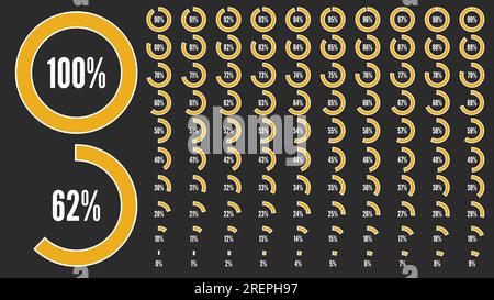 Set di icone per infografica. Raccolta di grandi percentuali per interfaccia utente utente o infografica aziendale. Diagrammi circolari percentuali da 0 a 100. Bianco e. Illustrazione Vettoriale