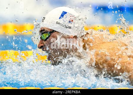 Fukuoka, Giappone. 29 luglio 2023. Maxime Grousset di Francia gareggia nella finale maschile Butterfly 100m durante il ventesimo Campionato Mondiale di Aquatics presso la Marine Messe Hall A di Fukuoka (Giappone), 29 luglio 2023. Crediti: Insidefoto di andrea staccioli/Alamy Live News Foto Stock
