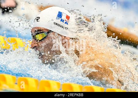 Fukuoka, Giappone. 29 luglio 2023. Maxime Grousset di Francia gareggia nella finale maschile Butterfly 100m durante il ventesimo Campionato Mondiale di Aquatics presso la Marine Messe Hall A di Fukuoka (Giappone), 29 luglio 2023. Crediti: Insidefoto di andrea staccioli/Alamy Live News Foto Stock