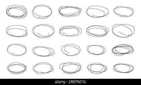 Set di matite disegnate a mano astratte vettoriali, ellissi e ovali su sfondo bianco. Riquadri grunge astratti ed elementi di bordi. Doodle ha fatto un bravo schizzo Illustrazione Vettoriale