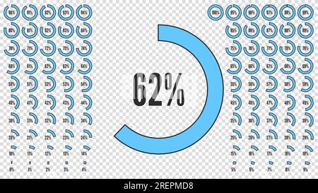 Set di icone per infografica. Raccolta di grandi percentuali per interfaccia utente utente o infografica aziendale. Diagrammi circolari percentuali da 0 a 100. Nero e. Illustrazione Vettoriale