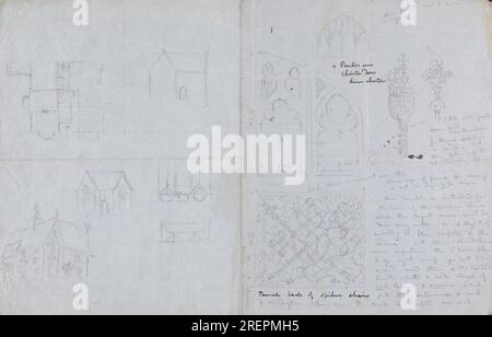 Bozzetti di case e una planimetria e disegni per la sedia dello speaker e pannelli sulla porta del chiostro di Augustus Pugin Foto Stock