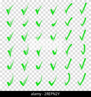 Set di segni di spunta disegnati a mano con pennello. Raccolta di segni di spunta per il doodle a mano. Disegna a forma di matita verde gli schizzi sono isolati sulla trasparenza Illustrazione Vettoriale