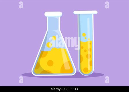 Cartoon disegno in stile piatto chimica logotipo vetreria da laboratorio, etichetta, icona, adesivo, simbolo. Provetta da laboratorio graduata, becher e matraccio. Attrezzatura per Foto Stock