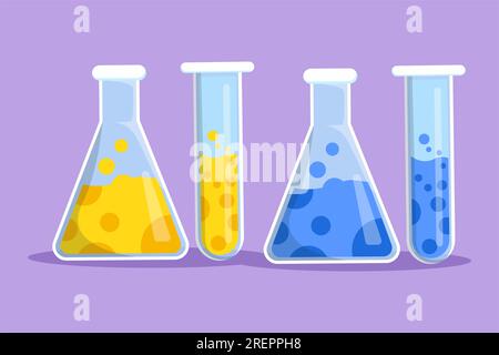 Carattere disegno piatto logo stilizzato delle apparecchiature per laboratori di ricerca chimica, etichetta, simbolo. Vetreria da laboratorio per chimica. Provetta per analisi da laboratorio graduata, b Foto Stock