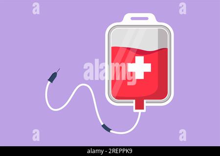 Logo grafico a forma piatta della sacca di sangue da disegno, etichetta. Sacca IV in elegante stile piatto. Icona infuse. Sacca di sangue per il salvataggio di emergenza. Medicina, clinica e guarigione Foto Stock