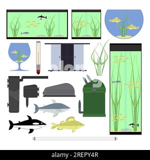 Attrezzature per acquario. Elementi vettoriali subacquei con pesci piante pietre alghe. Acquari di forme diverse. Isolato su sfondo bianco. Illustrazione Vettoriale