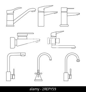 Set di icone rubinetti d'acqua, rubinetti per bagno e cucina su sfondo bianco. Icone trasparenti e di contorno. Illustrazione vettoriale. Illustrazione Vettoriale