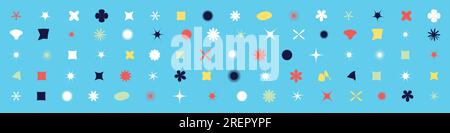 Forme geometriche, simboli delle stelle, design dei fiori in stile retrò Y2K. Adesivi grafici astratti e figure, icone. Illustrazioni vettoriali piatte bac isolato Illustrazione Vettoriale