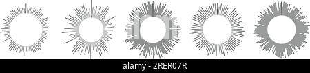 Onde sonore in forma circolare, collegate con musica audio, icone vocali rotonde, loghi per equalizzatori, spettri radiali, suonerie in pattern. Illu. Vettore piatto Illustrazione Vettoriale