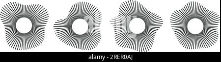 Suono nelle forme d'onda, design circolari, cerchi di musica audio, voci rotonde nelle icone, loghi per equalizzatori, spettro radiale, schemi a forma di anello. Piatto Illustrazione Vettoriale