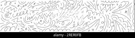 Linee squillanti a matita, scarabocchi, scarabocchi, spazzoloni, motivi a gesso. Ricci di pastelli, volteggi a tratti, disegni astratti. Illu. Vettore piatto Illustrazione Vettoriale